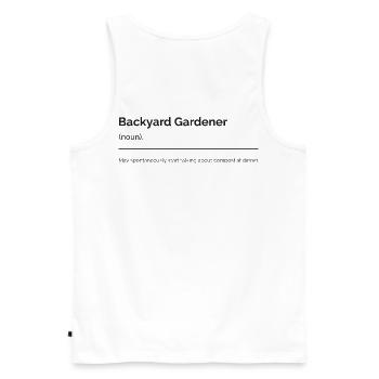 Définition de la parodie du jardinier arrière - Débardeur bio Premium Homme - blanc - Dos - AI Model Male 178 light (178cm)