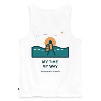 Meine Zeit Mein Weg - Männer Premium Bio Tank Top - Weiß - Hinten - AI Model Male 178 light (178cm)