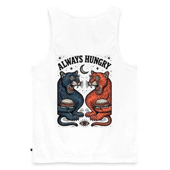 Duo chat toujours affamé avec burger - Débardeur bio Premium Homme - blanc - Dos - AI Model Male 178 light (178cm)