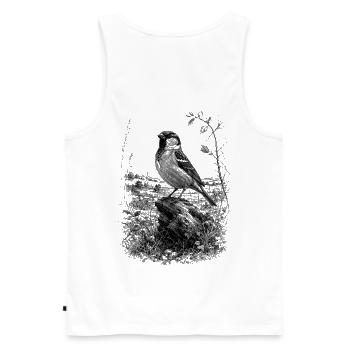 Un joli moineau dessiné artistiquement sur un tronc d’arbre - Débardeur bio Premium Homme - blanc - Dos - AI Model Male 178 light (178cm)