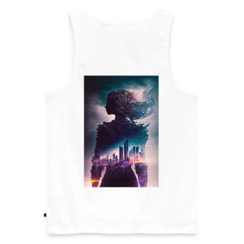 Mrs. Silhouette with Futuristic City Bunt - Men's Premium Organic Tank Top - white - Back - AI Model Male 178 light (178cm)