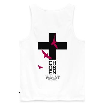 CHOSEN Kreuz Tauben Pink Peace Chaos - Männer Premium Bio Tank Top - Weiß - Hinten - AI Model Male 178 light (178cm)