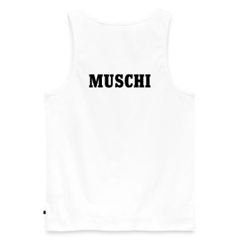 Muschi Pussie - Männer Premium Bio Tank Top - Weiß - Hinten - AI Model Male 178 light (178cm)