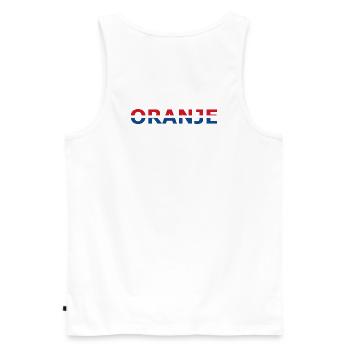 Orange in red, white, blue - Men's Premium Organic Tank Top - white - Back - AI Model Male 178 light (178cm)