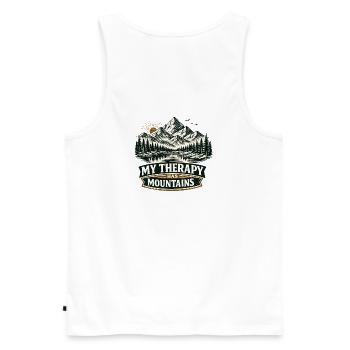 My Therapy Has Mountains | Hiking Design - Männer Premium Bio Tank Top - Weiß - Hinten - AI Model Male 178 light (178cm)
