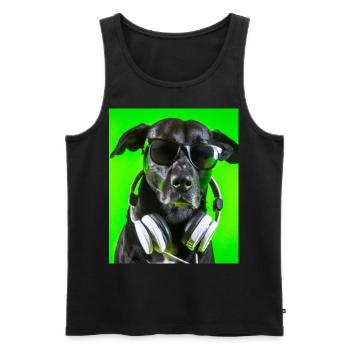 Chien avec écouteurs et fond vert - Débardeur bio Premium Homme - noir - Devant - Michal (187cm)