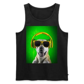 Chien avec écouteurs et fond vert - Débardeur bio Premium Homme - noir - Devant - Michal (187cm)