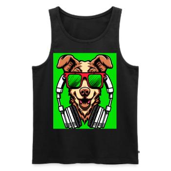 Chien avec écouteurs et fond vert - Débardeur bio Premium Homme - noir - Devant - Michal (187cm)