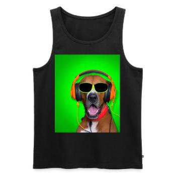 Chien avec écouteurs et fond vert - Débardeur bio Premium Homme - noir - Devant - Michal (187cm)