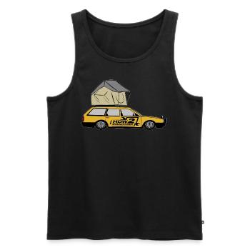 Lowrider Antje mit Dachzelt und Logo - Männer Premium Bio Tank Top - Schwarz - Vorne - AI Model Male 178 light (178cm)