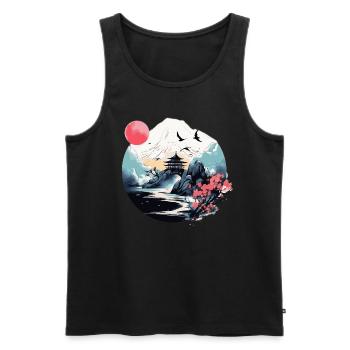 Scène japonaise de montagne, d’eau et de pagode - Débardeur bio Premium Homme - noir - Devant - Michal (187cm)