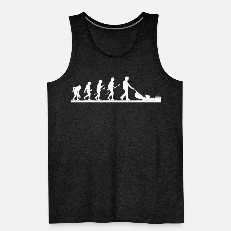 Mann mäht Rasen EVOLUTION Kleingarten Rasenmäher Männer Premium Bio Tank Top