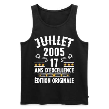 17 Ans Anniversaire Vintage Né(e) en Juillet 2005 - Débardeur bio Premium Homme - noir - Devant - AI Model Male 178 light (178cm)