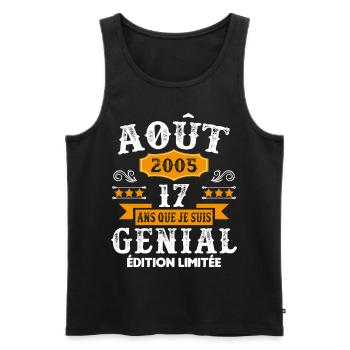 17 Ans Anniversaire Vintage Né(e) en Août 2005 - Débardeur bio Premium Homme - noir - Devant - AI Model Male 178 light (178cm)