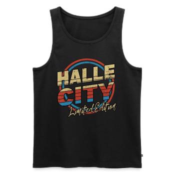 Halle Saale Germany City Font 80s Style - Men's Premium Organic Tank Top - black - Front - AI Model Male 178 light (178cm)