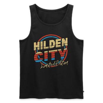 Hilden Germany City Font 80s style - Men's Premium Organic Tank Top - black - Front - AI Model Male 178 light (178cm)
