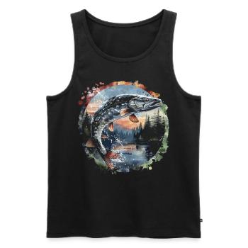 Jumping Fish – Angler Motif – Dynamic Catch - Men's Premium Organic Tank Top - black - Front - AI Model Male 178 light (178cm)
