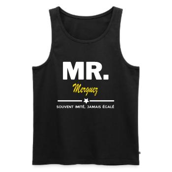 MR. souvent imité, jamais égalé Merguez - Débardeur bio Premium Homme - noir - Devant - AI Model Male 178 light (178cm)