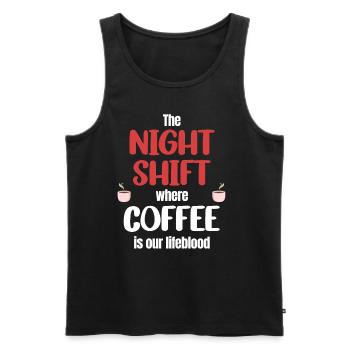The night shift where coffee is our - Men's Premium Organic Tank Top - black - Front - AI Model Male 178 light (178cm)