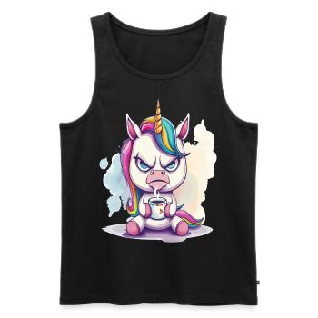 A angry looking unicorn, holding a cup of coffee - Men's Premium Organic Tank Top - black - Front - AI Model Male 178 light (178cm)