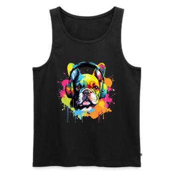 Bouledogue français coloré avec des écouteurs - Débardeur bio Premium Homme - noir - Devant - Michal (187cm)