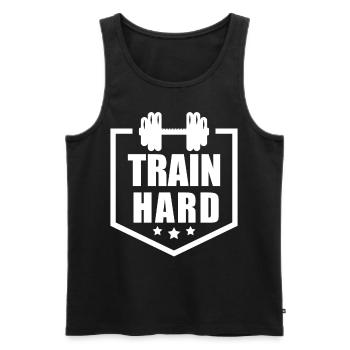 Train hard muscle weight training - Men's Premium Organic Tank Top - black - Front - Michal (187cm)