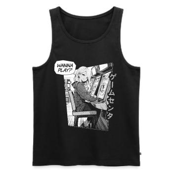 Arcade Anime Girl in Gaming Center "want to play?" - Men's Premium Organic Tank Top - black - Front - Michal (187cm)