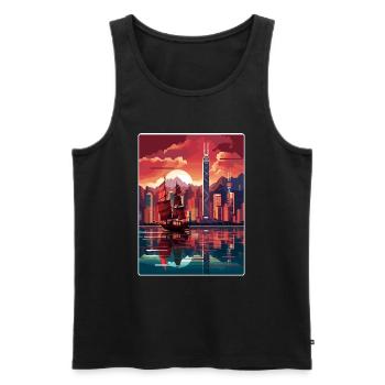 Hong Kong Chine Voyage Affiche Souvenir Peinture WPA - Débardeur bio Premium Homme - noir - Devant - Michal (187cm)