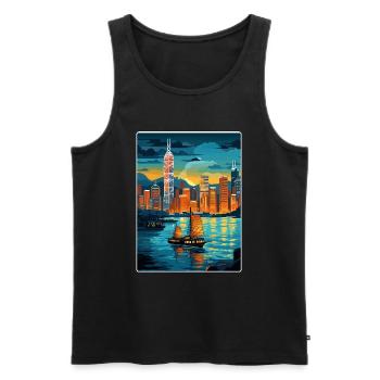 Hong Kong Chine Voyage Affiche Souvenir Peinture WPA - Débardeur bio Premium Homme - noir - Devant - Michal (187cm)
