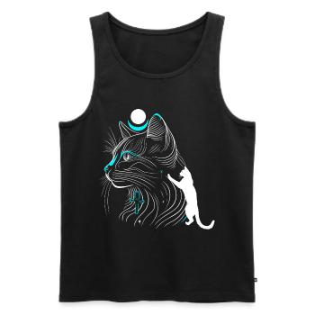 Chat Bastet minimaliste de profil avec lune - Débardeur bio Premium Homme - noir - Devant - AI Model Male 178 light (178cm)