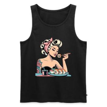 Pin Up Frau blond Rockabilly Sushi Retro Geschenk - Männer Premium Bio Tank Top - Schwarz - Vorne - Michal (187cm)