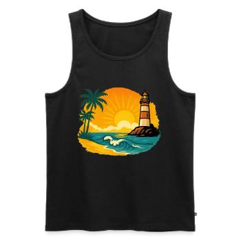 Sunset with lighthouse on tropical beach - Men's Premium Organic Tank Top - black - Front - AI Model Male 178 light (178cm)