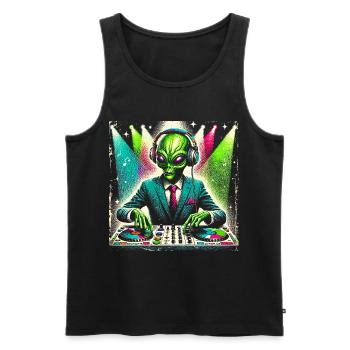 Illustration de DJ extraterrestre cosmique - Débardeur bio Premium Homme - noir - Devant - Michal (187cm)