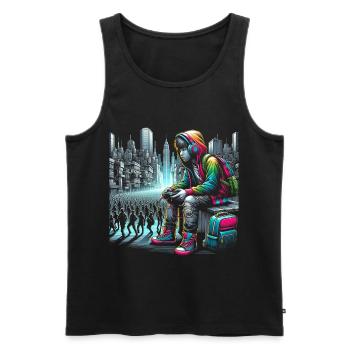 Illustration vibrante du paysage urbain cyberpunk - Débardeur bio Premium Homme - noir - Devant - AI Model Male 178 light (178cm)