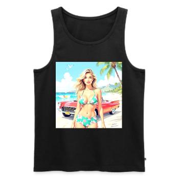 Frau am Strand mit Oldtimer - Männer Premium Bio Tank Top - Schwarz - Vorne - AI Model Male 178 light (178cm)