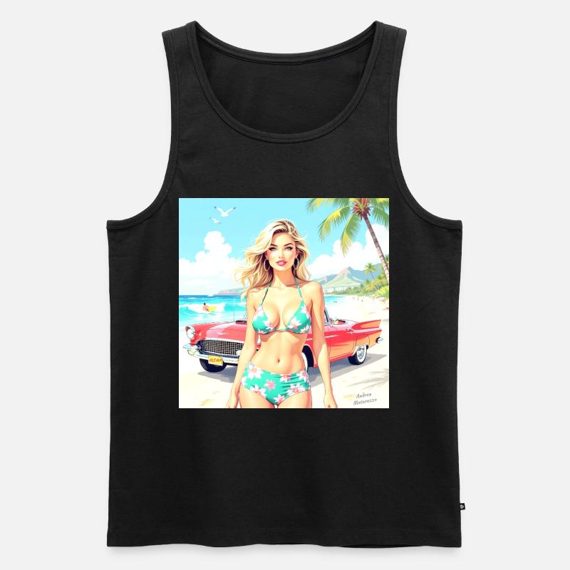 Frau am Strand mit Oldtimer - Männer Premium Bio Tank Top - Schwarz