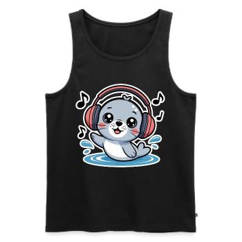 Cute seal with headphones and music notes - Men's Premium Organic Tank Top - black - Front - Michal (187cm)