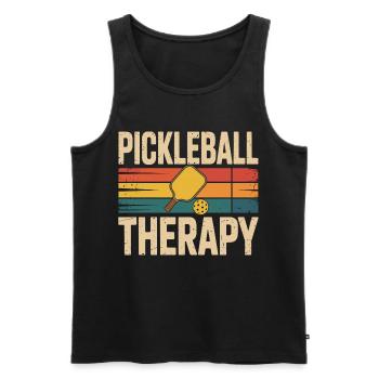 Pickleball T-Shirt – Sport is the best therapy - Men's Premium Organic Tank Top - black - Front - AI Model Male 178 light (178cm)