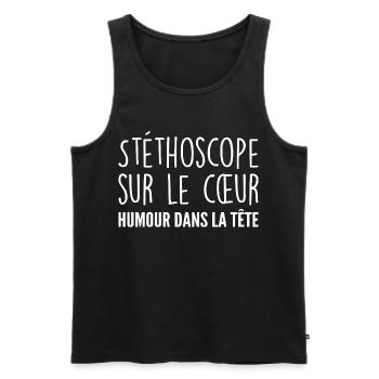 Stéthoscope au cœur, humour dans la tête - Débardeur bio Premium Homme - noir - Devant - Michal (187cm)