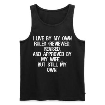 Ich lebe nach meinen eigenen Regeln, die überprüft und überarbeitet wurden - Männer Premium Bio Tank Top - Schwarz - Vorne - Michal (187cm)