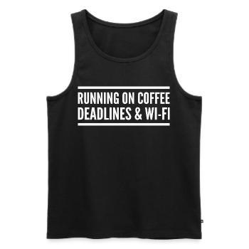 Powered by coffee, delays, and Wi-Fi - Men's Premium Organic Tank Top - black - Front - AI Model Male 178 light (178cm)