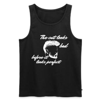 Witziger Friseur-Haarschnitt schlecht vor perfekten Männern – Zitat - Männer Premium Bio Tank Top - Schwarz - Vorne - Michal (187cm)