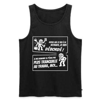 Retraité Surbooké (texte blanc) - Débardeur bio Premium Homme - noir - Devant - AI Model Male 178 light (178cm)