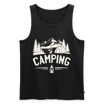 Camping, tente d’aventure en plein air en montagne - Débardeur bio Premium Homme - noir - Devant - AI Model Male 178 light (178cm)