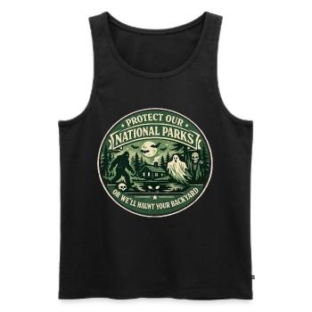 Protect National Parks | Paranoid Humor Badge - Men's Premium Organic Tank Top - black - Front - AI Model Male 178 light (178cm)