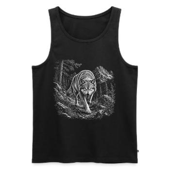 Loup sauvage dans un paysage montagneux dans un style graveur - Débardeur bio Premium Homme - noir - Devant - Michal (187cm)