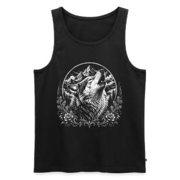 Loup hurlant dans un paysage montagneux dans un style graveur - Débardeur bio Premium Homme - noir - Devant - Michal (187cm)