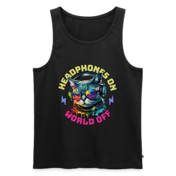 Katze Kopfhörer Musik Headphones On World Off - Männer Premium Bio Tank Top - Schwarz - Vorne - Michal (187cm)