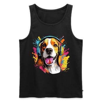 Bunter Beagle mit Kopfhörer Farbspritzer - Männer Premium Bio Tank Top - Schwarz - Vorne - AI Model Male 178 light (178cm)