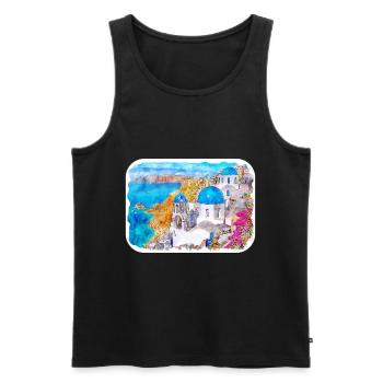 Santorin Grèce Aquarelle Esquisse Dessin Dessiné - Débardeur bio Premium Homme - noir - Devant - Michal (187cm)